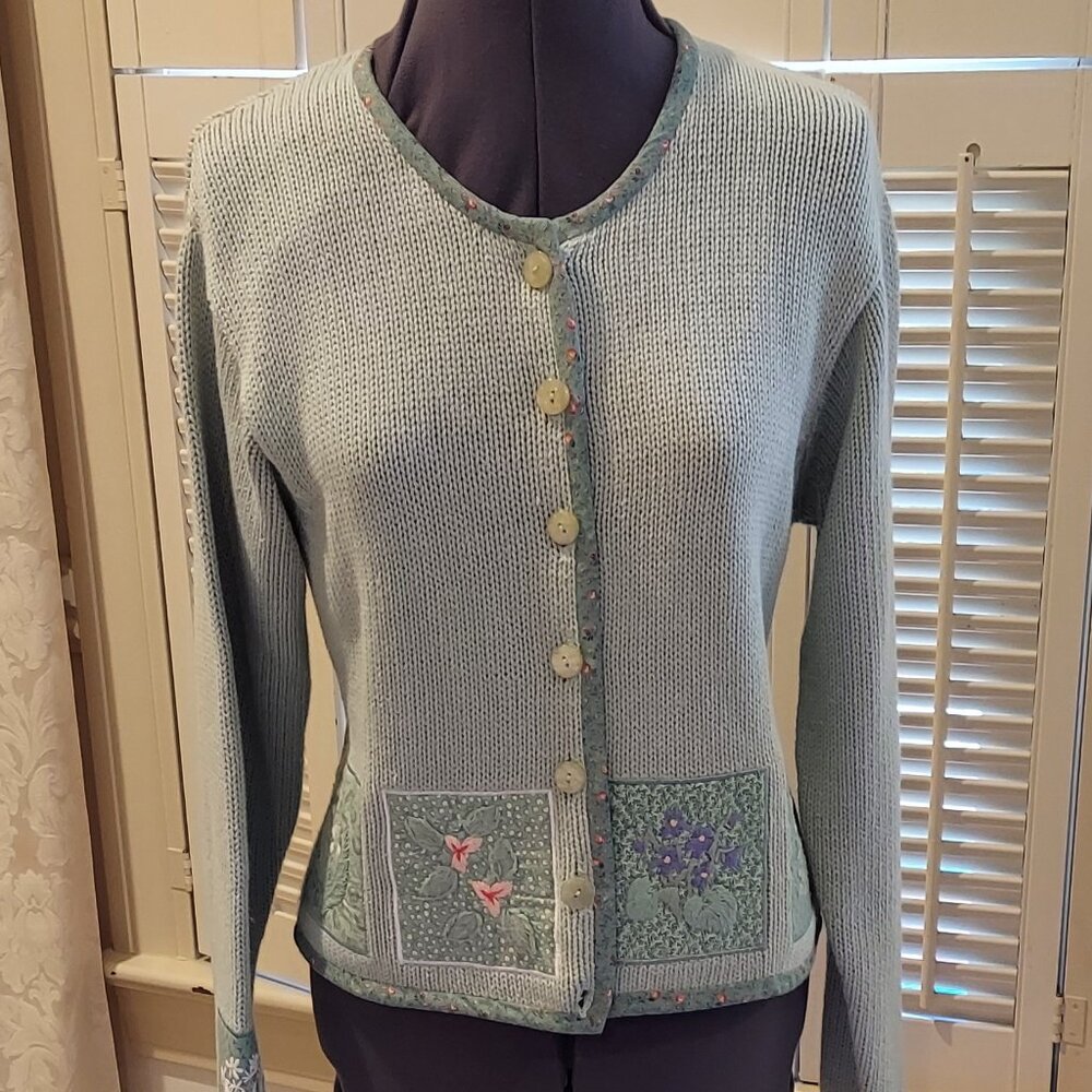 Vintage Orvis Pale Green Floral Panel Sweater Size S